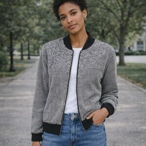 Marine Layer SZ S Birdseye Bomber in Black/White Contrast Style 14098